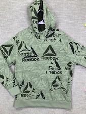 Reebok Hoodie Mens M Green Allover Logo Graphic Pullover Sweatshirt Gym