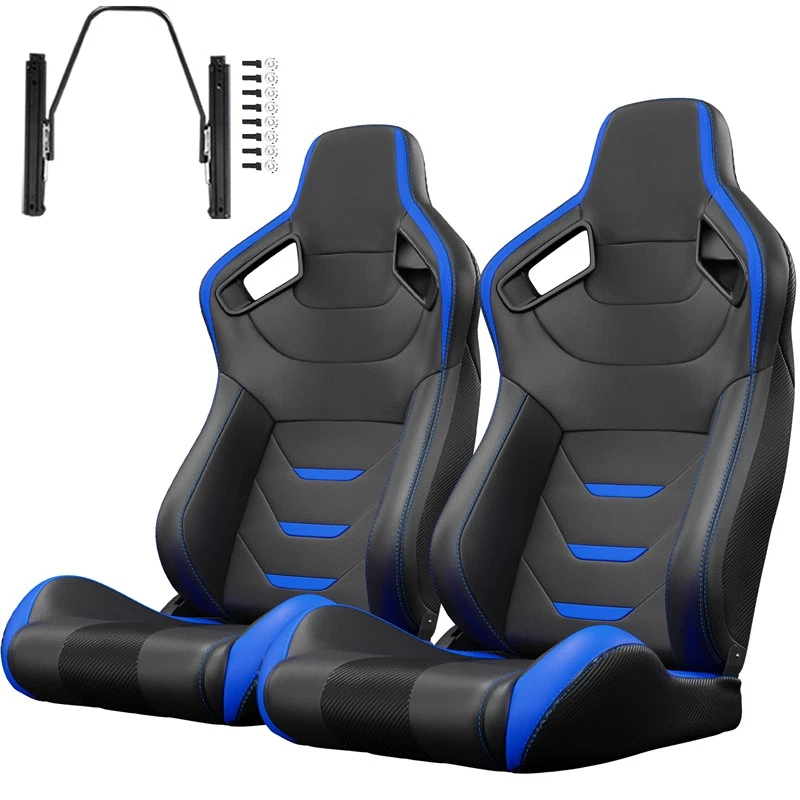 Par de asientos de carreras reclinables ajustables con deslizadores dobles cuero PVC para Dodge Foto 2 de 4