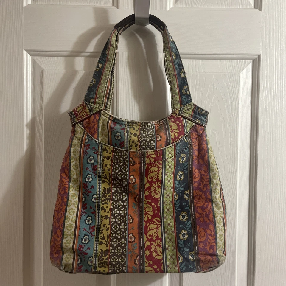Bolso de Hombro Fossil Doble Asa Multicolor Algodón Cuero Borde Vintage Foto 3 de 4