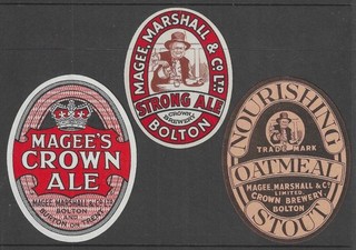 VINTAGE MAGEE MARSHALL BEER BOTTLE LABELS CROWN BREWERY BOLTON LANCASHIRE.