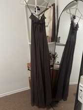 Women's Brown Chiffon Ruffle V-Neck Dress Tie Bodice Long and flowy
