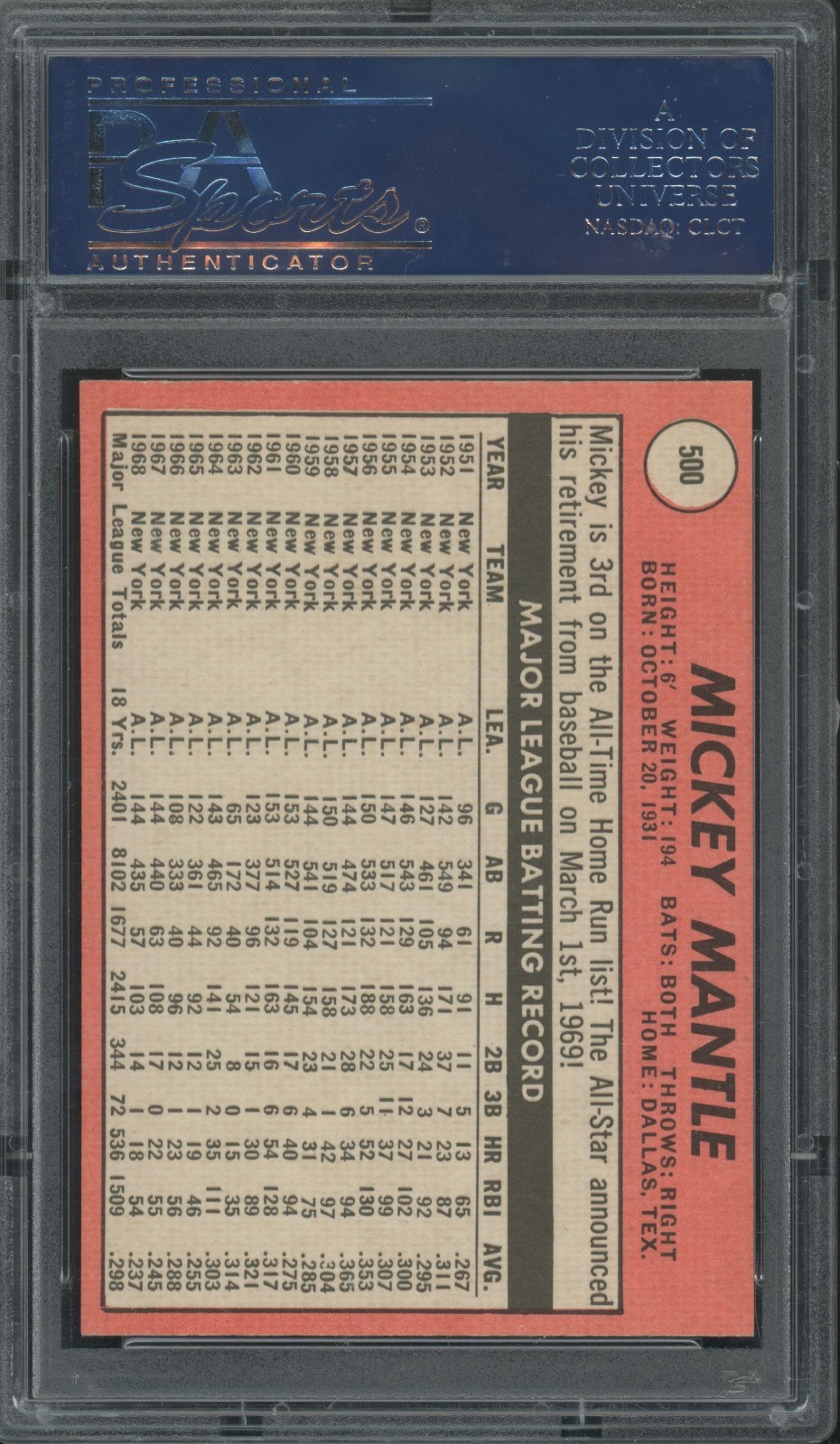 1969 Topps MICKEY MANTLE #500 Last Name In Yellow PSA 8 MM-MT! WELL CENTERED D4 view 2