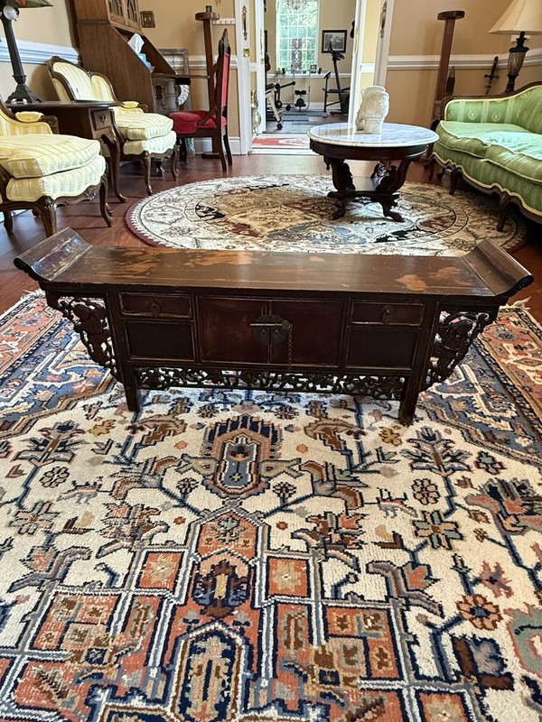Antique 19th Century Asian Altar Table w Intricate Buddha Carvings Drawers Key