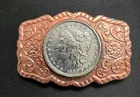 GENUINE 1880 MORGAN SILVER DOLLAR MOUNTED IN SOLID COPPER BELT BUCKLE
