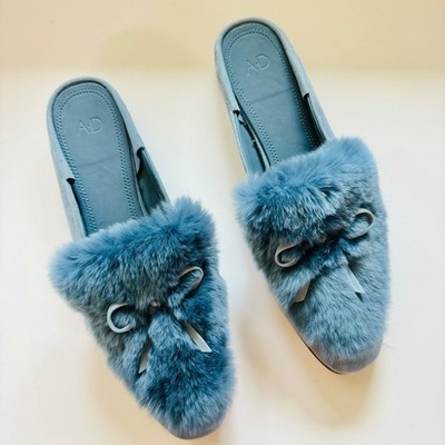 NEW AD DAUGHTER Blue Grey Rabbit Fur Flats Pointy Toe Bow Slides Mules Shoes 6.5