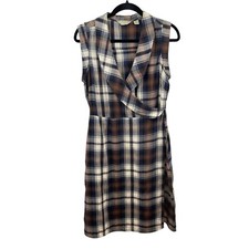 Anthropologie 11 1 Tylho Womens Wrap Dress Blue Brown Plaid Small 100% Cotton