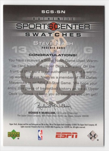 2005-06 Upper Deck ESPN Sports Center Swatches #SCS-SN Steve Nash Jersey Phoenix - Picture 2 of 2
