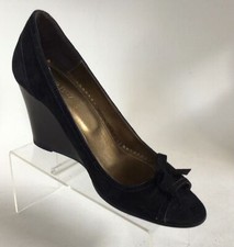 J. CREW Black Suede Bow Detail Peep Toe Wedge Heels Size 6.5 M 