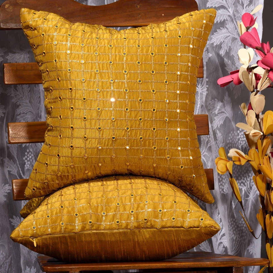 living room gold decorative pillow 18x18 mustard yellow throw pillow for sofa 2p - Image 3 of 4