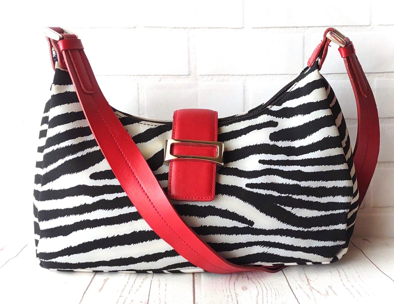 Shoulder Bag Handbag Zebra Print Black and White with Red Trim Zipper Tote-image