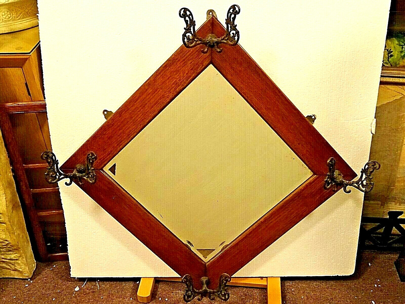Victorian Antique Beveled glass Oak wall Hall tree Mirror coat rack eBay