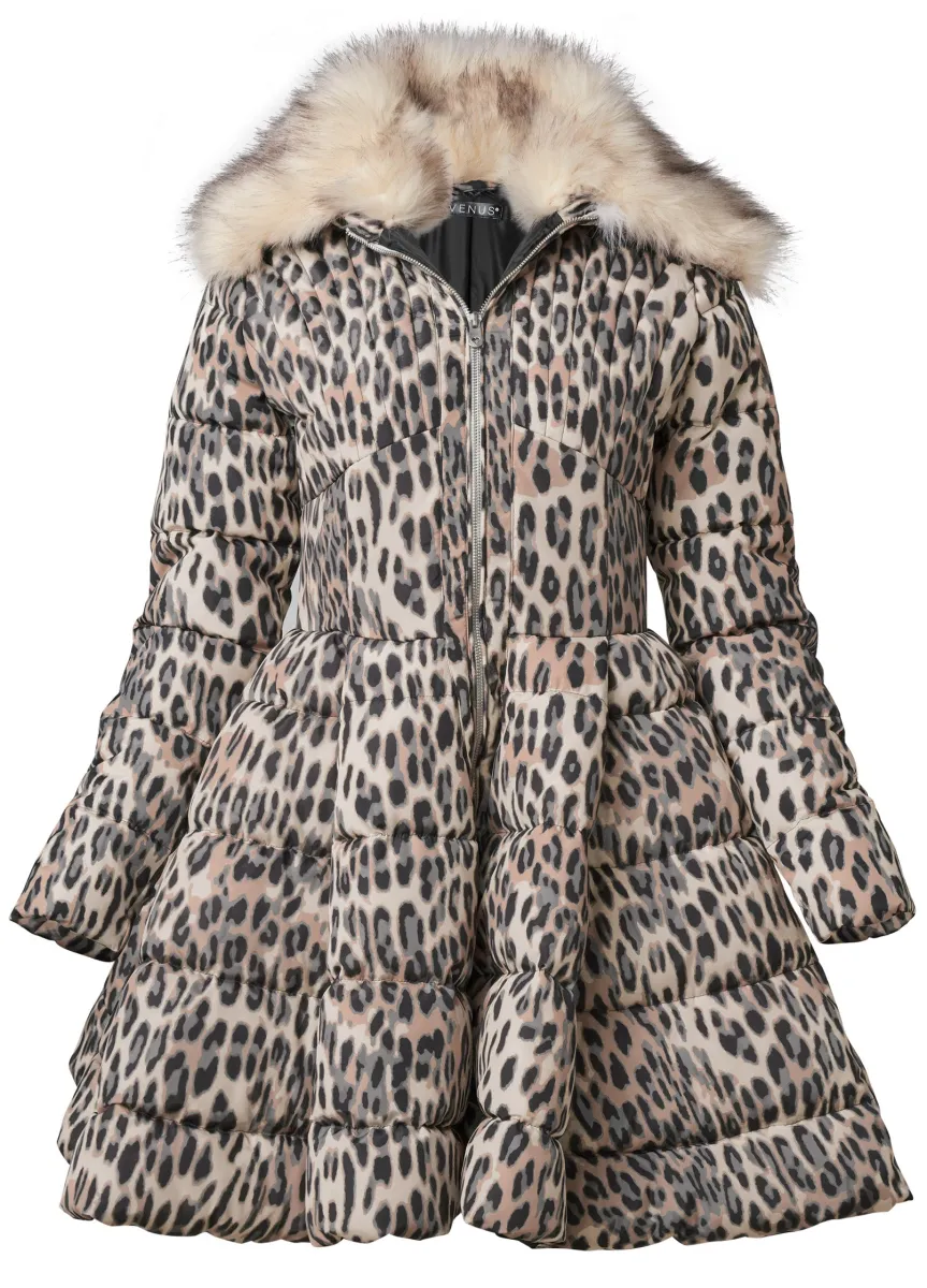 Venus Peplum Leopard Puffer Coat Jacket Fit & Flare Faux Fur
