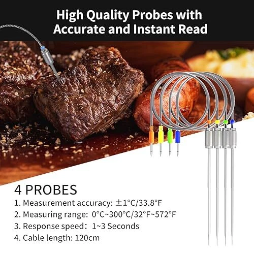 Bluetooth Meat Thermometer,Wireless Digital Grill Thermometer with 4 Black