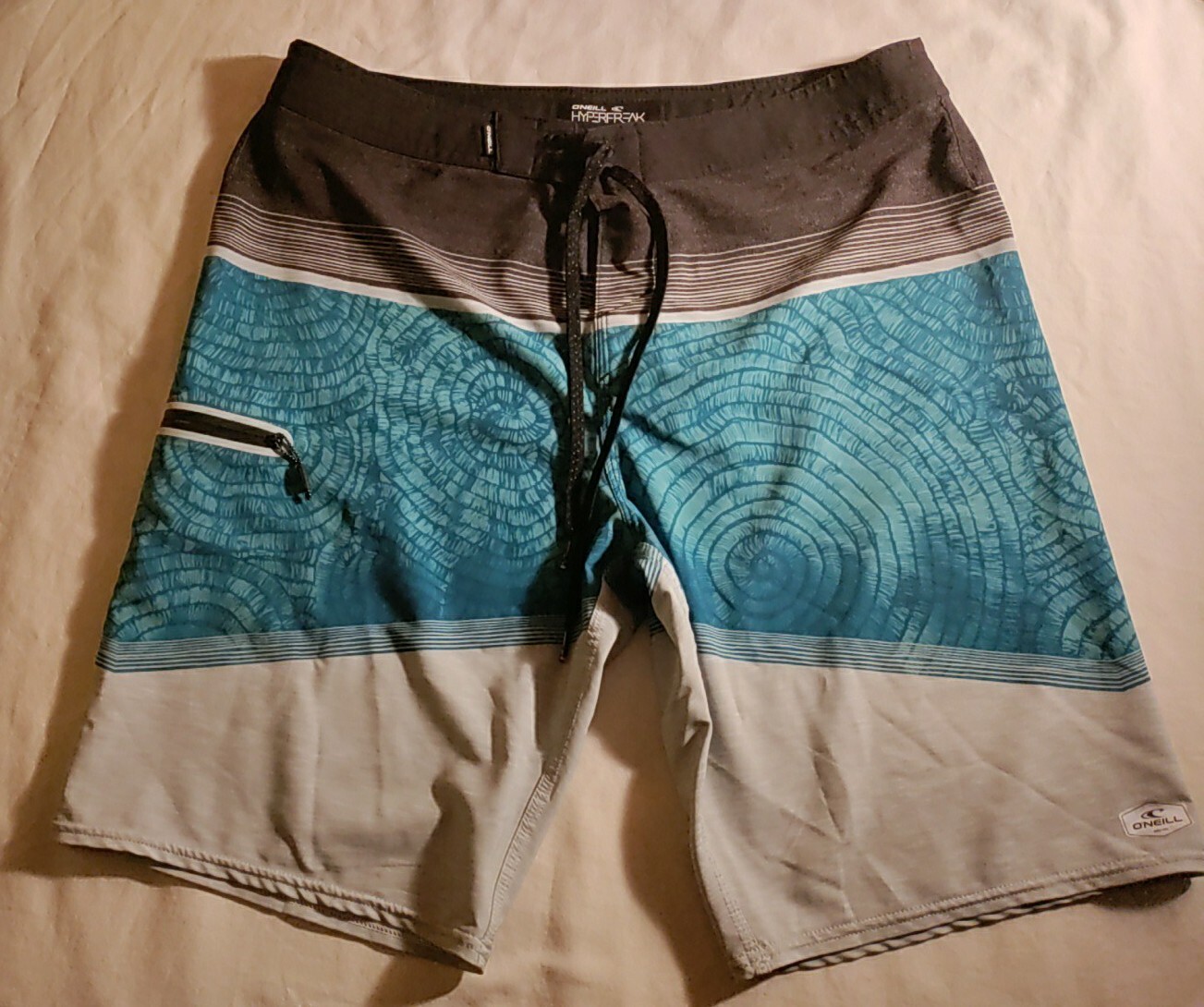 O'Neill Hyperfreak Teal Black Gray Snail Shell Design Board Shorts 33 NWOT RARE