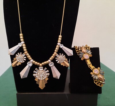 ART DECO STYLE GEOMETRIC NECKLACE PAIRED W/ UNIQUE 8-STRAND CHAIN BRACELET
