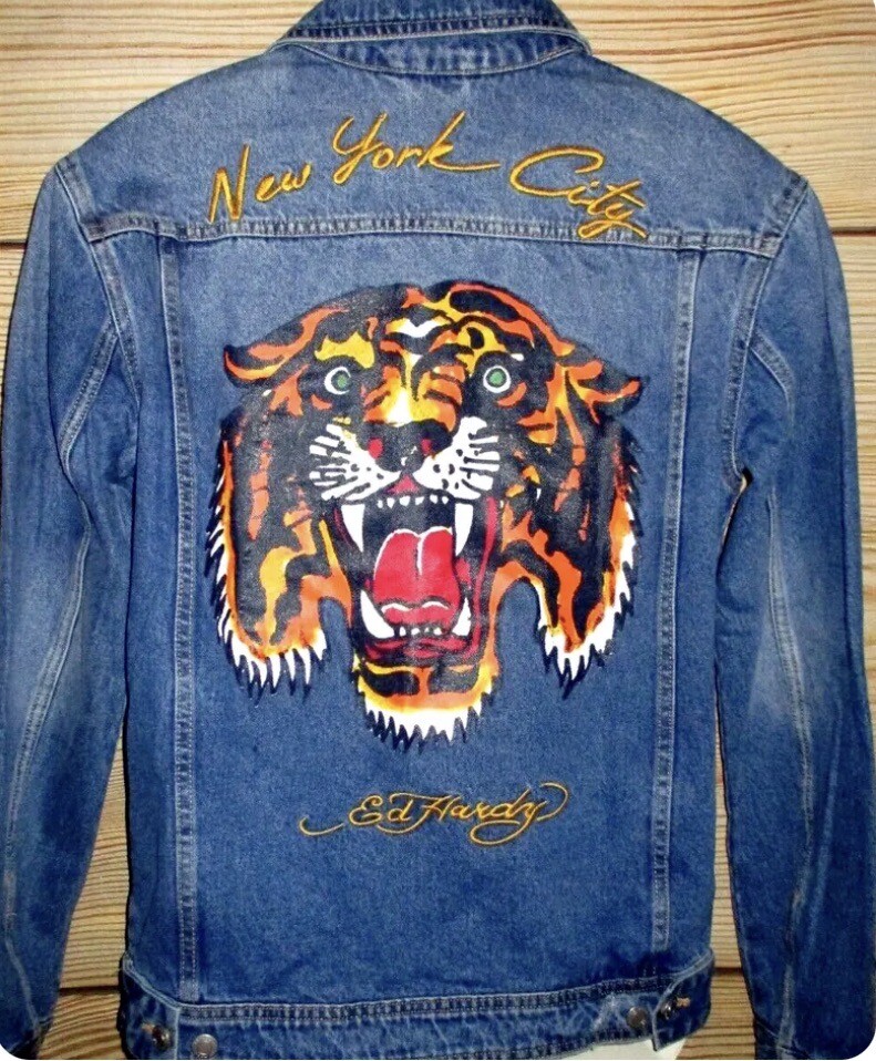 Ed Hardy Jacket Mens S Blue Tiger New York City Trucker Denim Jean Button  $198