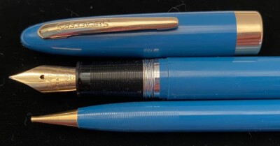 Sheaffer Schnorchel aquablau Admiral Kugelschreiber + Bleistift Set, 50er Jahre, Box, Papiere