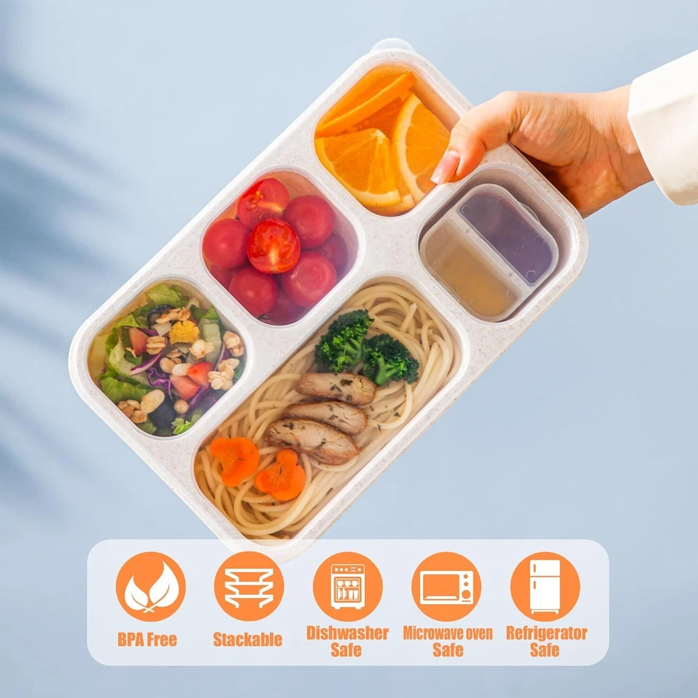 Bento Box Adult, 4 Pack 5 Compartments Meal Prep Green/Blue/Pink/Beige