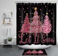 Winter Black and Pink Christmas Tree Shower Curtain Bathroom Accessories Set