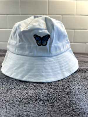 ZLYC unisex embroidered bucket hat Pure White with Blue Butterfly One size  NWT
