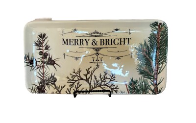 Creative Co-op Dolomite  Merry & Bright  14 L 7 1/4W Plate With Botanical Design