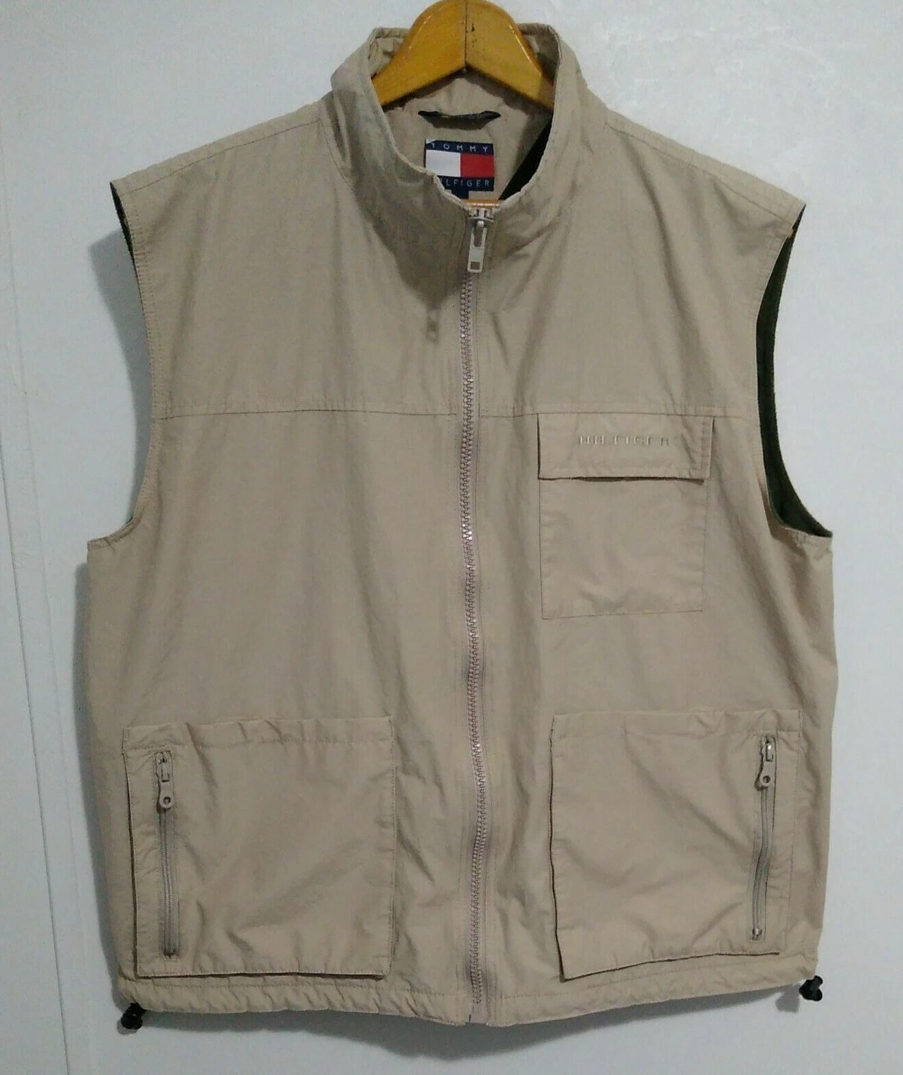 Men's Tommy Hilfiger Vest Utility Fleece Lined Khaki Beige Outdoor Camping XL