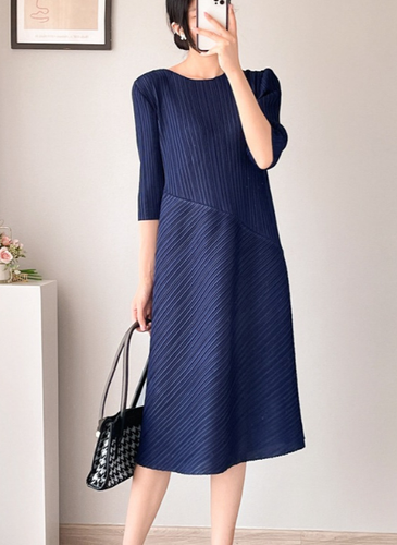 Falten Please Stoff plissiertes Kleid Rundhalsausschnitt ausgestellt Partykleid - Bild 4 von 12