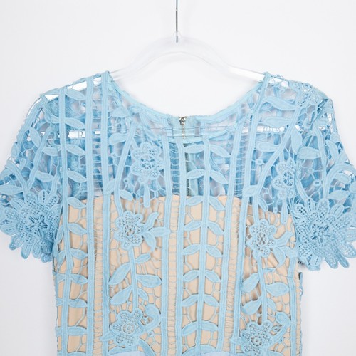Vestido Superpuesto de Encaje Elegante Patrón Floral, Manga Corta, Estilo Funda, Azul Nuevo - Imagen 3 de 14