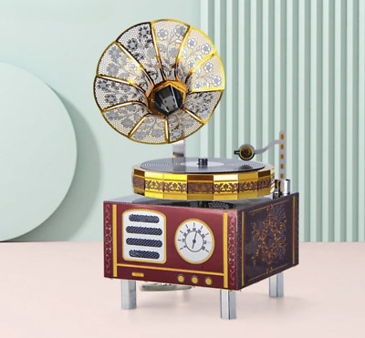 Retro Phonograph Spieluhr Metall Modellbausatz 3D Laser-Cut DIY Puzzle mit Bewegung