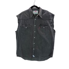 Vintage 90s Levis Western Denim Stormy Pearl Snap Sleeveless Shirt Charcoal L XL