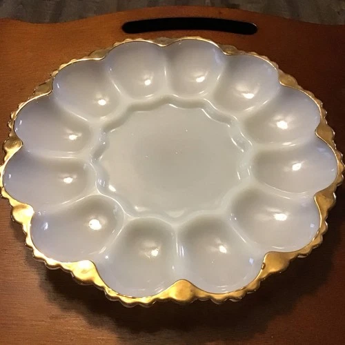 Vintage Anchor Hocking White Glass Deviled Egg Plate Gold Trim Mid Century Mod
