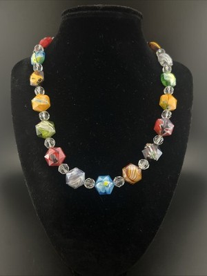 Silver Tone Faceted Cube Multicolor Beaded Toggle Necklace