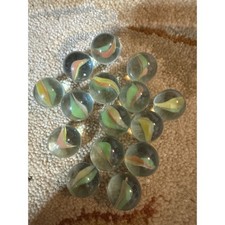 Vintage Glass Cats Eye Marbles Lot 15 pc Green Yellow Orange 3-Vane Ribbon 15mm