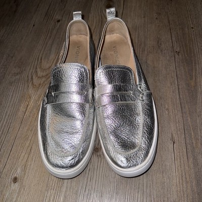 vionic silver dress shoes Vionic Uptown Penny Loafers Flats Shoes Womens Size 11 Silver Leather Orthotic