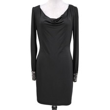 Calvin Klein Dress Womens 6 Black Stretch Knit Beaded Cuffs Cowl Neck Zip Party