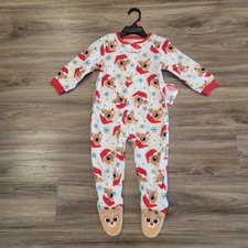 Rudolph Red Nose Reindeer Footed Pajamas 18M NWT Soft Cozy Santa Hat Red White