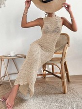 Beige Crochet Open Cotton Knit Sleeveless Maxi Dress Beach Coverup Boho
