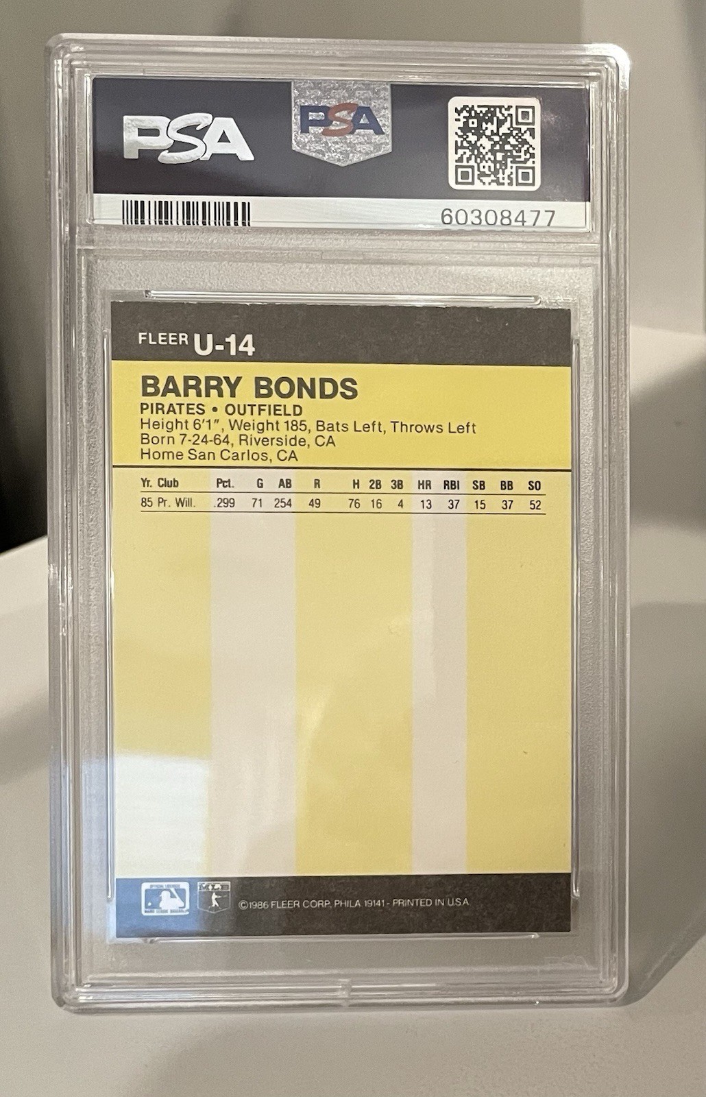 1986 Fleer Update - Barry Bonds #U-14 - Rookie Card (RC) - PSA 7 Near Mint view 2
