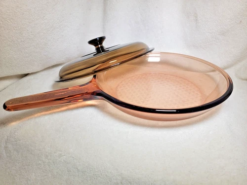 Vintage Visions Corning Amber Glass 10" Skillet Frying Pan with Pyrex Lid V-10