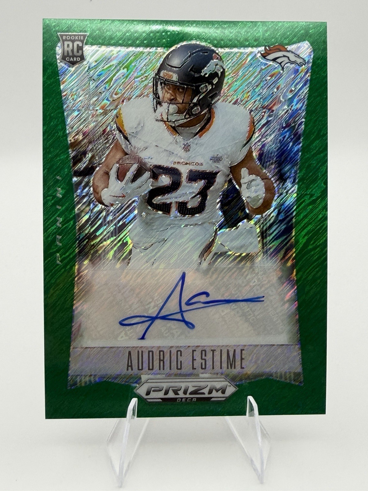 Audric Estime Panini Prizm Deca Signatures #SAEE FOTL Green Shimmer