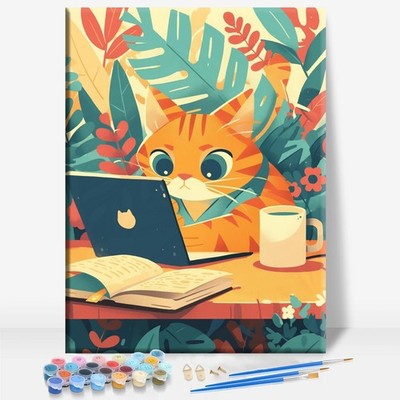 Orange CAT Office Animal Framed Canvas DIY Paint by Numbers Kit Bar Cafe Cave...