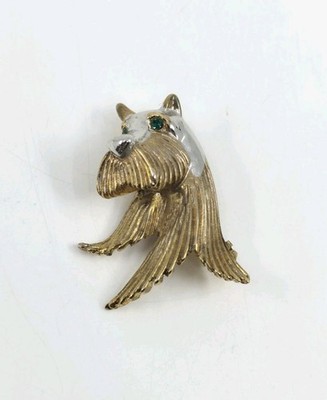 Vintage Gold & Silver Tone Textured Terrier Dog Brooch Green Rhinestone Eyes