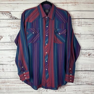 Men VTG Rock Creek Ranch Burgundy Blue Stripe Western Cowboy Pearl Snap Shirt XL