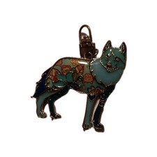 Blue Floral WOLF /Dog  Cloisonné Enamel keyc...