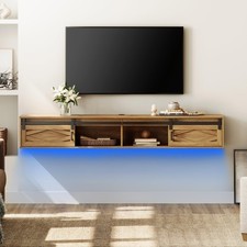 Brown Floating Wood TV Stand Charging Station Sliding Barn Door 80 Inch TVs