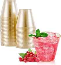 9oz Disposable Party Cups Gold Glitter Hard Plastic Heavy Duty Set Pack of 100