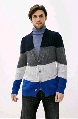 PRIMO EMPORIO MEN'S LARGE CARDIGAN COLOR STRIPED BLOCK BLUE BLACK ITALY NWT