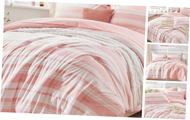 Size Comforter Set, 7 Pieces Bed in a Bag Striped, Lightweight Queen Pink