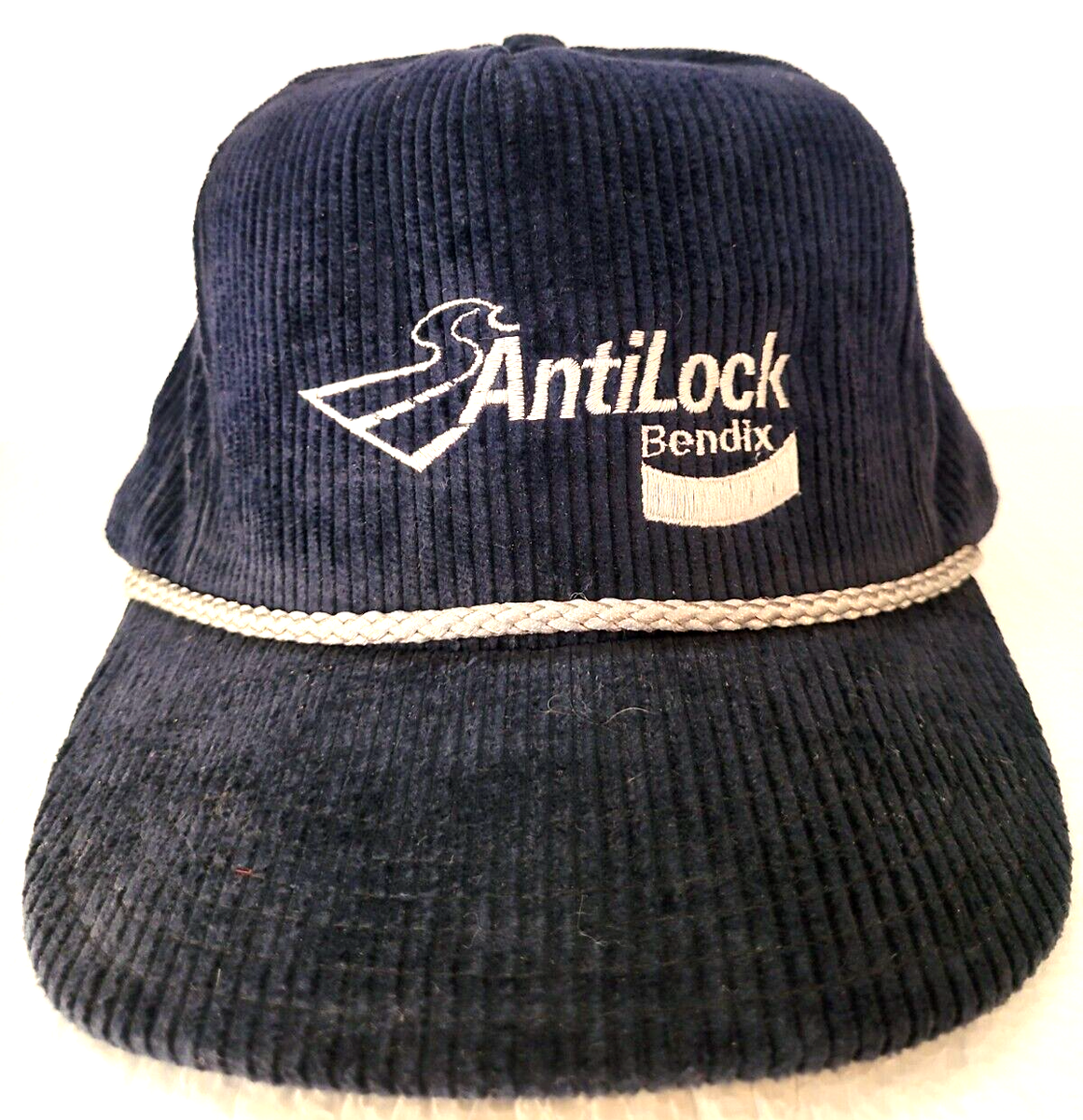 Vtg Bendix Anti Lock Brakes Corduroy Blue Hat Cap Logo Embroidered