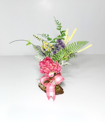RUSTIC WOOD TREE SLICE DISC PINK WHITE FLORAL TABLE ACCENT DECORATION GIFT NEW